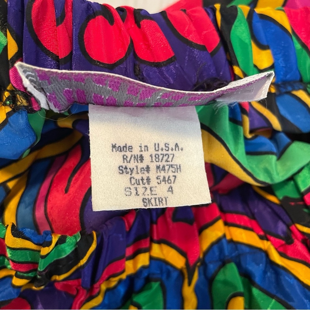 Vintage Megan Moore Pleated Pull on Skirt Womens 4 Colorful Silky Geometric Midi - Picture 10 of 13